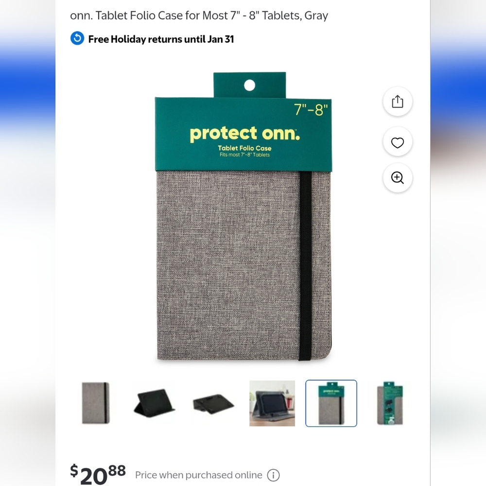 onn. Tablet Folio Case for Most 7" - 8" Tablets, Gray